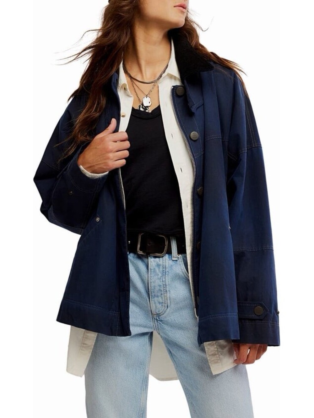 New Free People Cori Waxed Cotton Jacket In Sapphire Size L $298